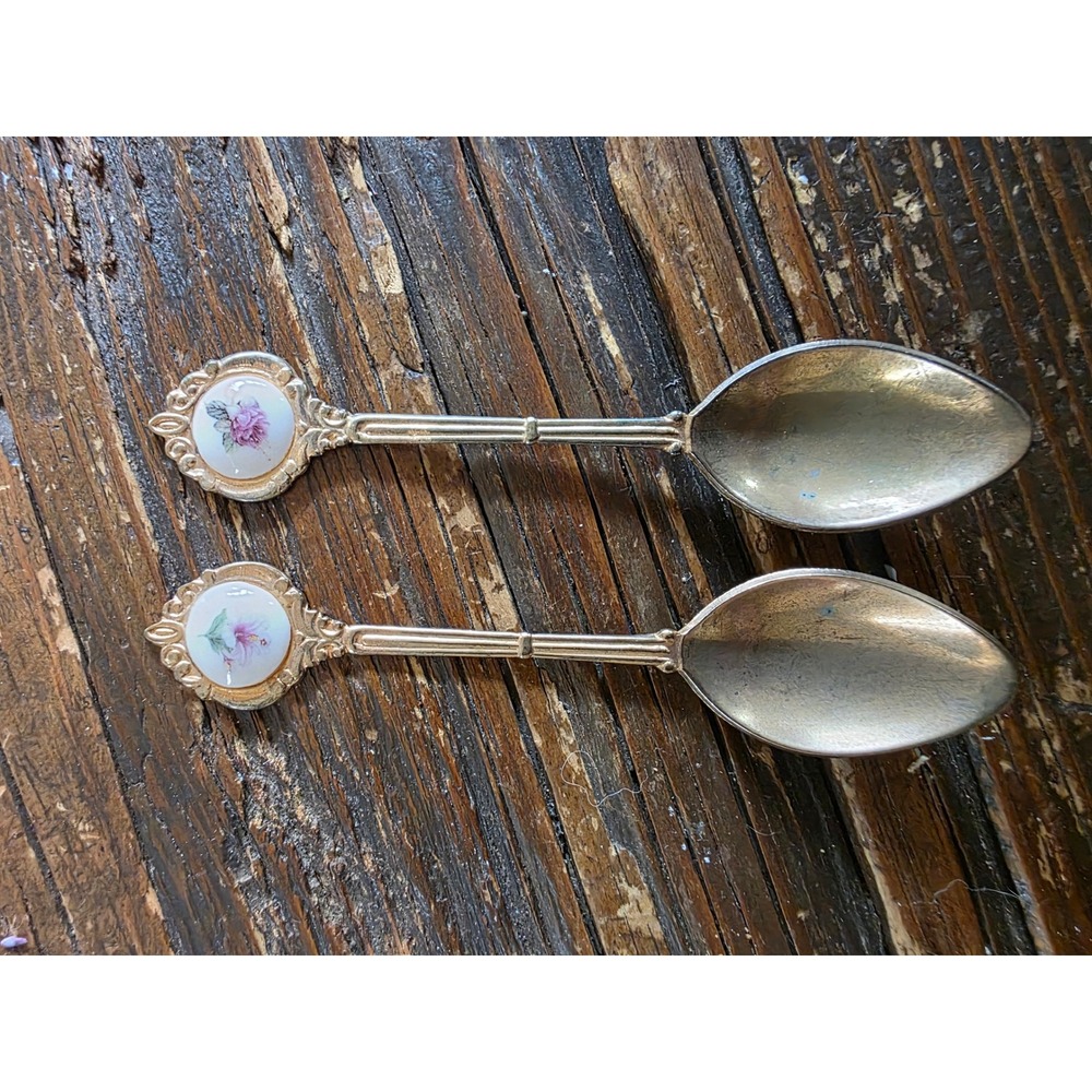 Vintage Floral Porcelain Inset Demitasse Spoons Silver Tone Tea Espresso Set 2